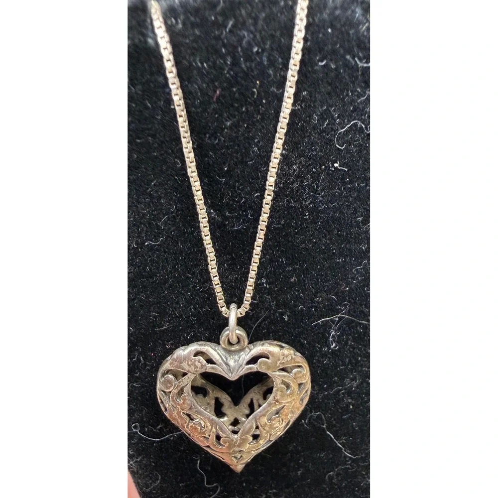 Sterling Silver Filigree Openwork Puffed Heart Pendant Box Chain Necklace 18in